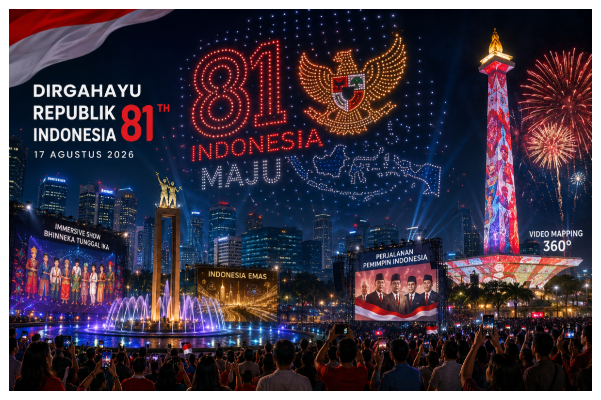 HUT ke 81 RI di Jakarta akan dimeriahkan 1.500 drone immersive show video mapping 360 derajat dan pesta kembang api pada 17 Agustus 2026.Foto Istimewa