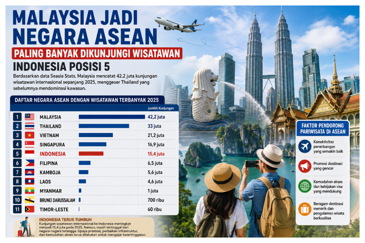 Malaysia menjadi negara ASEAN dengan kunjungan wisatawan terbanyak pada 2025. Foto Ilustrasi