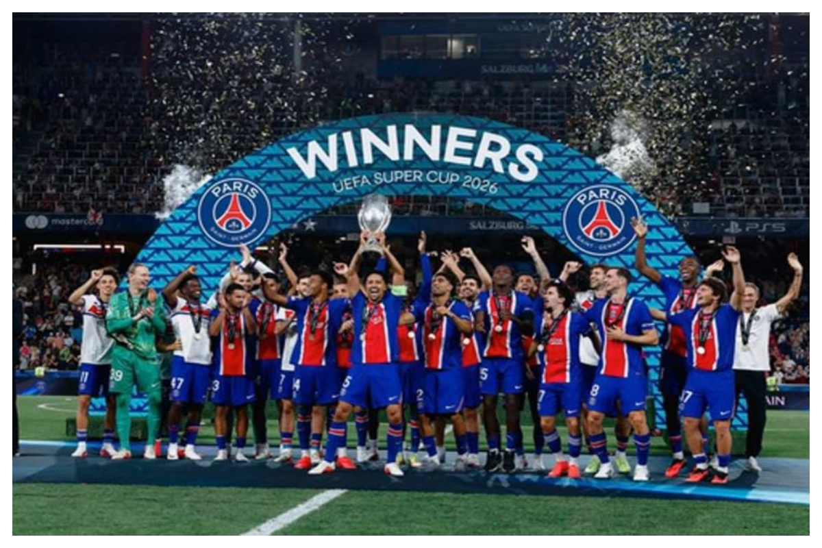 PSG mengalahkan Aston Villa 2 1 dan mempertahankan gelar Piala Super Eropa 2026. Foto Istimewa