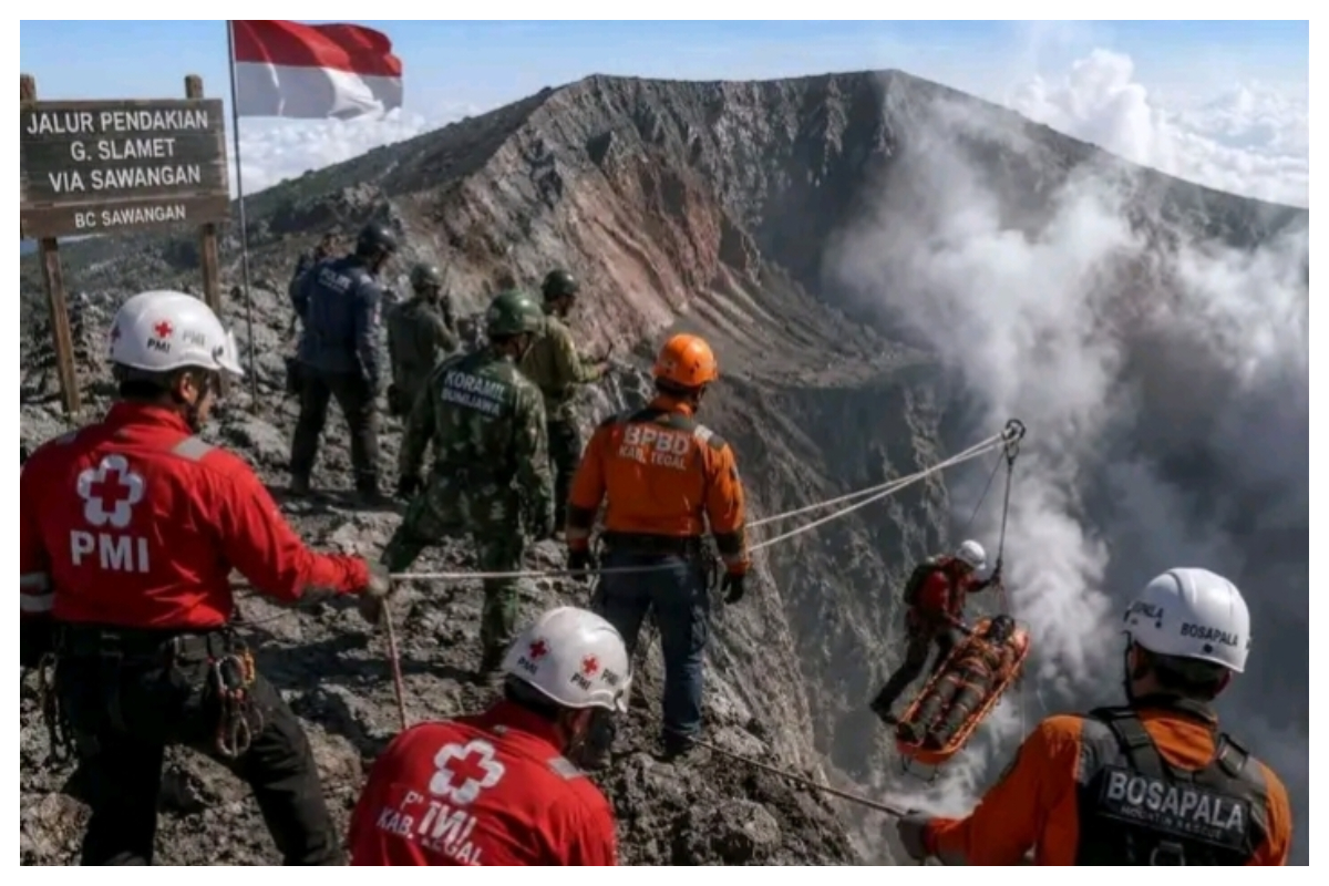Tim BPBD Mengangkat Jenazah Pendaki Brebes Jawa Tengah yang jatuh ke kawah Gunung Slamet di sekitar bibir kawah Selasa 18 8 2026. Foto Istimewa 1